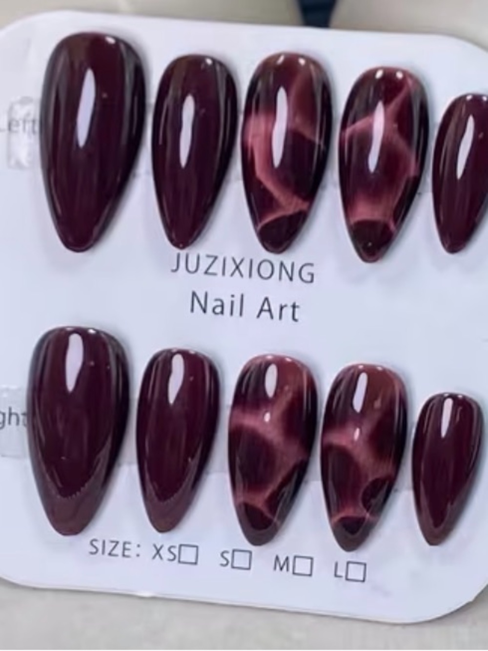 Juzixiong Deep Burgundy Cat Eye Press-On Nails - Glossy Wine Red Set